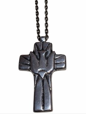 Vintage Holy Spirit Dove Cross Pendant Necklace Large Silver Tone Pewter Look